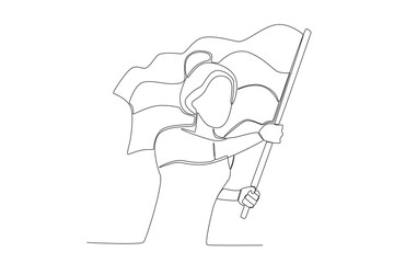 An excited woman waving the Colombian flag. Independencia de Colombia one-line drawing