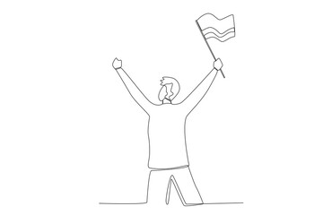 A happy man holds up the Colombian flag. Independencia de Colombia one-line drawing