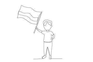 A child holding a Colombian flag. Independencia de Colombia one-line drawing