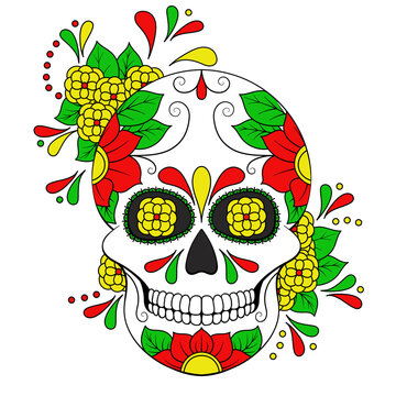 Day of The Dead colorful Skull with floral ornament. Mexican sugar skull. Illustration on transparent background