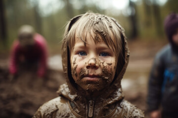Messy Outdoor Fun. Discover the pure bliss of a child immersed in outdoor play, their face smeared with mud, as parents embrace the carefree spirit in the background AI Generative