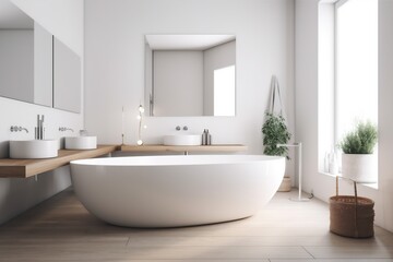 mirror house home architecture luxury interior bathtub modern wood bathroom white. Generative AI.