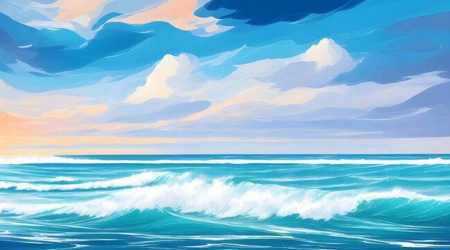 The illustration of the tropical blue sea and waves against the orange sky and white clouds in the evening is relaxing. Generative AI