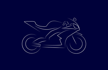 Silhouette of a motorcycle with simple white lines in a dynamic style on a dark blue background. Vector illustration