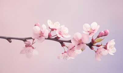  a branch with pink flowers on it against a blue sky.  generative ai