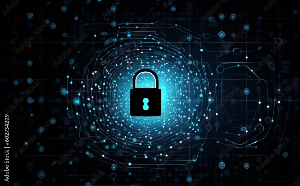 Poster protection cyber digital network security information technology system lock cyberspace. generative 