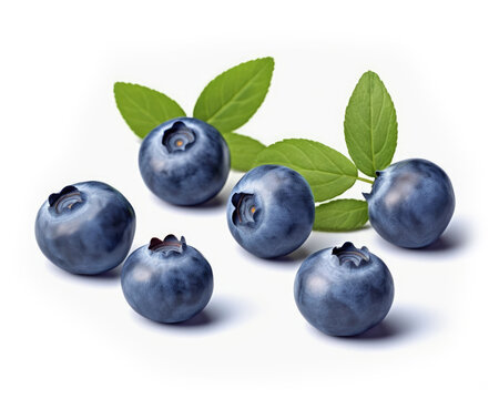 Blueberries with leaf isolated on white background. Generative AI
