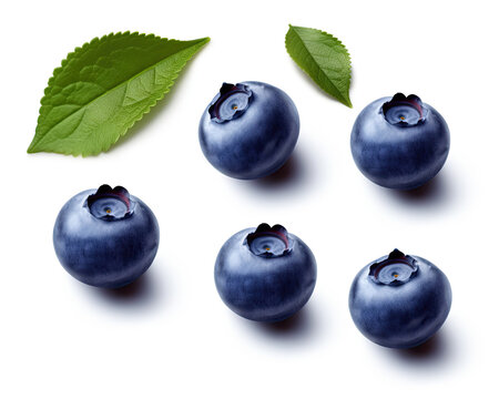 Blueberries with leaf isolated on white background. Generative AI
