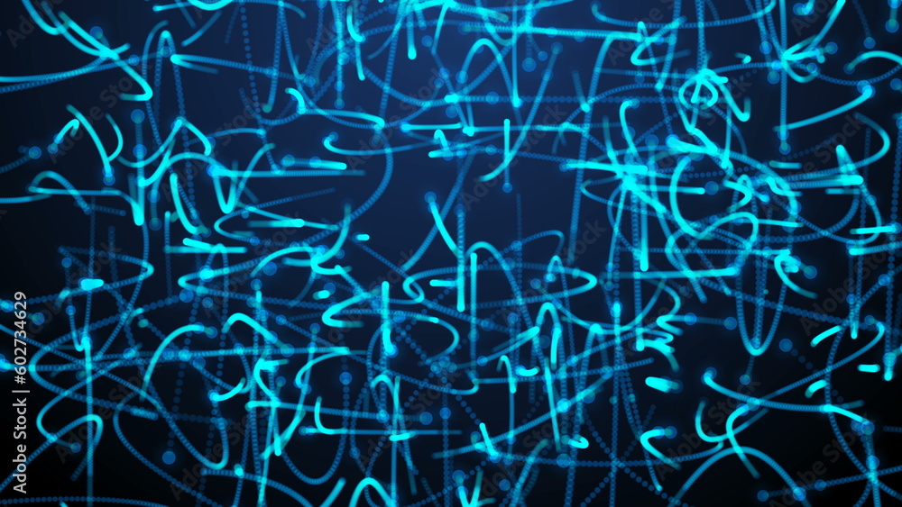 Poster many particles like worms or midge are in dark space, 3d render computer generated background