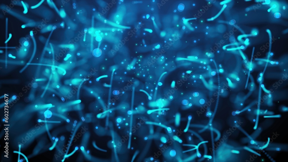 Poster many particles like worms or midge are in dark space, 3d render computer generated background