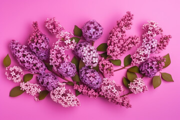 Fototapeta premium Colorful bright floral pattern of lilac on pink background. Group of flower buds making tracery. Flat lay, top view