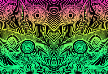 Glowing psychedelic symmetrical motley trippy abstract texture, bright pink, yellow, turquoise gradient color outline, isolated black