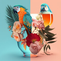 Exotic theme of animals, flowers and drinks. Generated by AI