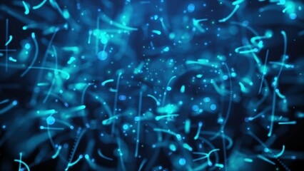 Many particles like worms or midge are in dark space, 3d render computer generated background