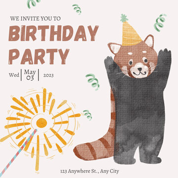 birthday party card design, birthday party invitation. with an image of an animal wearing a birthday hat in the background