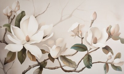  a painting of a branch with white flowers and leaves on it.  generative ai