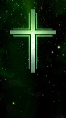 Futuristic Christian cross in ethereal vertical green cyberspace loop. Concept 3d animation of Roman Catholic scifi crucifix as religious sign of a modern spirituality and faith in the digital world