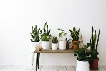 Fototapeta premium Green houseplants in pots and watering can on wooden table near white wall