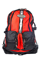 A black and red backpack over a white background