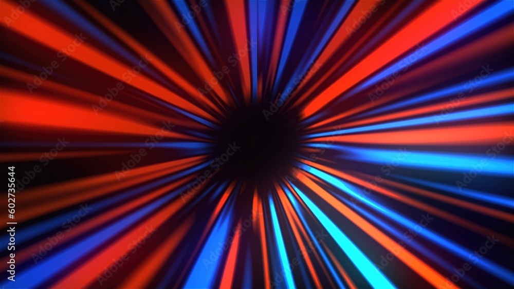 Poster abstract mysterious rays tunnel, moving in space and time, distortion of space, 3d render