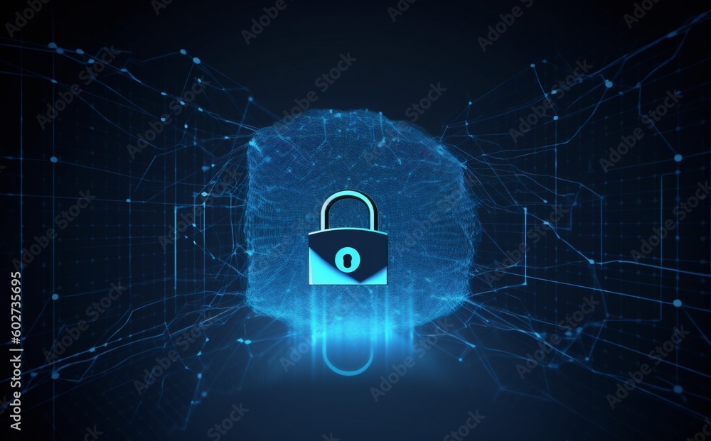 Poster cyberspace information lock system network technology digital cyber security protection. generative 