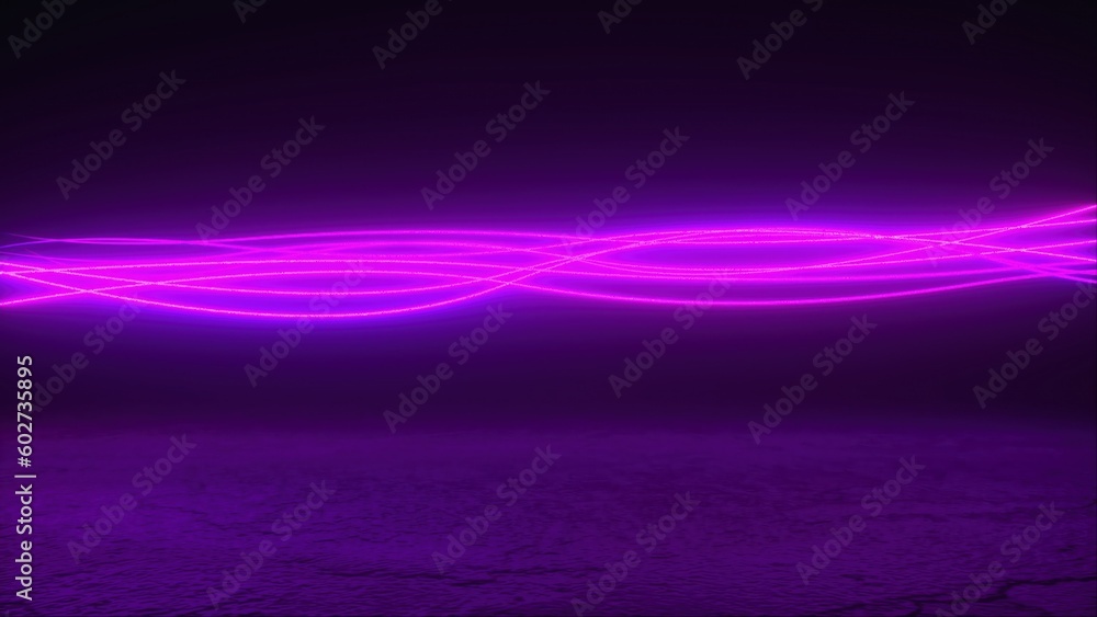 Poster computer generated wavy neon lines over grunge surface. 3d rendering abstract background, virtual re