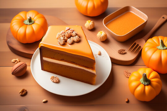 Several pieces of pumpkin cake with nuts on orange table, a traditional autumn dish for thanksgiving day and halloween, flat lay style. Generative AI.