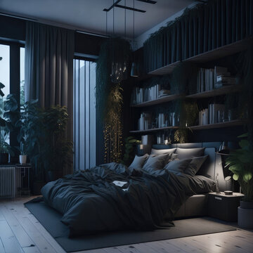 Realistic Dark Modern Bedroom Interior Room With Lots Of Green Pot Plants Natural Feeling Calm Mood With Big Windows Led Spot And Strip Lights Night Scene Ai Generative Illustration