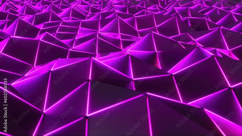 Poster 3d rendering polygonal abstract background. computer generation low poly waving surface with neon gl