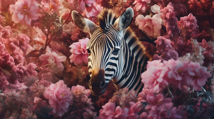 Naklejka na ściany i meble Zebra Surrounded by Beautiful Flowers in a Muted Pastel Aesthetic with Surrealism Elements - Dreamy Background - Generative AI