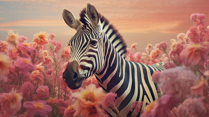 Fototapeta na wymiar Zebra Surrounded by Beautiful Flowers in a Muted Pastel Aesthetic with Surrealism Elements - Dreamy Background - Generative AI