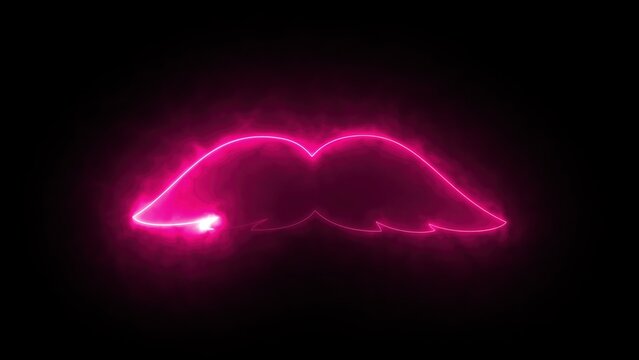 Computer generated background with neon light draws a mustache shape. 3D rendering mustache icon of luminous shiny lines