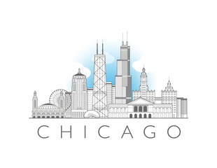 Naklejka premium Chicago cityscape line art style vector illustration