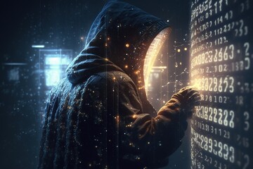 Cybersecurity, computer hacker with hoodie, vulnerability and hacker,coding,malware concept on server room background, metaverse digital world technology, breaks binary data. Generative AI
