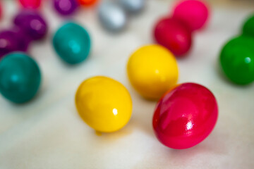 Multicolor easter eggs, soft focus blurred background