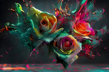 Color explosion. Tło, abstrakcyjne akrylowe róże. Tapeta kwiaty.. Generative Ai - obrazy, fototapety, plakaty