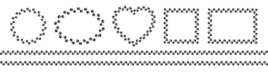 Frame paw pattern. Cute zoo border dog or cat. Black footprint boarder isolated on white background. Mark animal frames. Seamless border for design prints. Abstract footmark steps. Vector illustration - obrazy, fototapety, plakaty