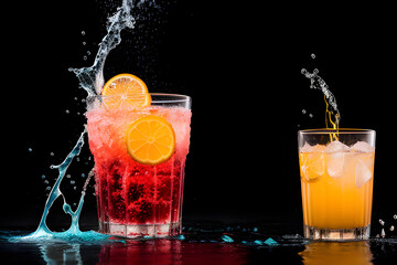 Czerwony i pomarańczowy drink z cytryną i lodem na czarnym tle. Generative AI - obrazy, fototapety, plakaty