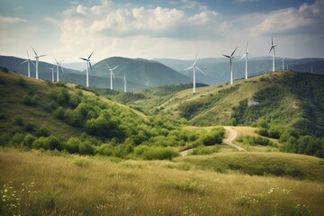 Fototapeta na wymiar Wind Turbines in Green Landscape generative AI