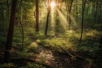 Sun Rays Through Dense Green Forest generative AI