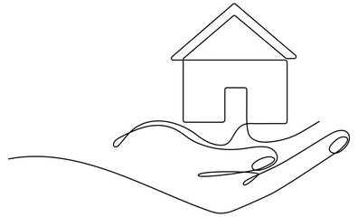 Hand holding house continuous one line drawn. Vector illustration isolated on white.