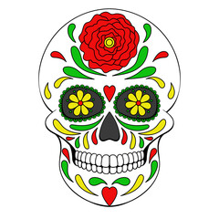Day of The Dead colorful Skull with floral ornament. Mexican sugar skull. Illustration on transparent background