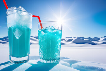 Turkusowe drinki z lodem na niebieskim zimowym tle. Generative AI