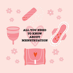 Menstrual product pad, cup, tampon. Hand Drawn vector illustration