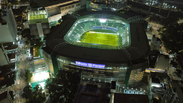 Arena Allianz Parque in S&atilde;o Paulo capture by a drone at night. S&atilde;o Paulo - S&atilde;o Paulo- Brazil - May 10 2023: Stadium of Palmeiras - Pq. Antartica