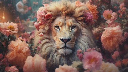 Lion Surrounded by Beautiful Flowers in a Muted Pastel Aesthetic with Surrealism Elements - Dreamy Background - Generative AI - obrazy, fototapety, plakaty