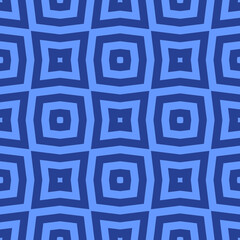 Two tone retro wavy psychedelic lines and squares optical illusion repeating seamless pattern blue background digital art.