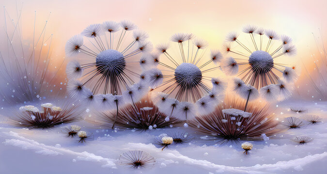Fototapeta Zimowe kwiaty dmuchawce, abstrakcja. Generative AI