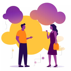 Illustration of a man and a woman talking, against the background of a cloud, yellow white purple, gradient
