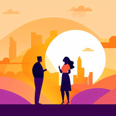 Illustration of a man and a woman talking, against the background of the sun and the city, yellow white orange
